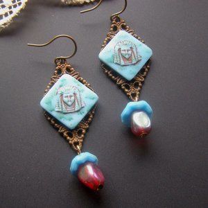 Egyptian Revival Turquoise Blue Dangle Earrings Vintage Brass Filigree